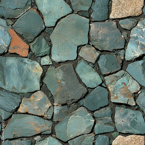 Seamless texture of a vibrant stone wall with large, flat, irregularly shaped rocks in rich teal and blue-green colors, accented by patches of rust-red and speckled granite.