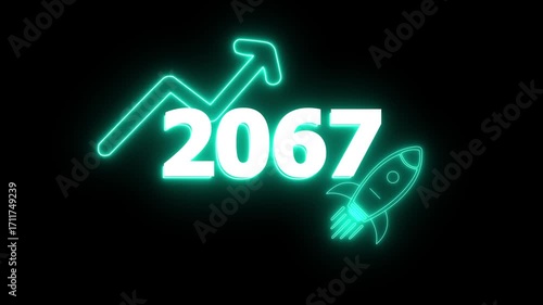 Wallpaper Mural Neon 2067 year with upward arrow graph and rocket ship icon on black background new year Glow Against Dark Jahreswechsel, Schrift mit Neonschein 4k video Background animation Torontodigital.ca