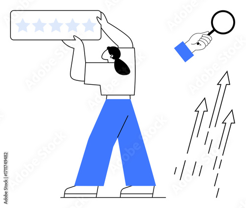 Woman raising five-star rating plaque, symbolizing quality and feedback. Adjacent magnifying glass suggests analysis rising arrows signify growth, performance, success. Ideal for business, feedback