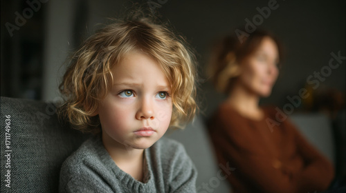 Child looking pensive on sofa, woman in background appearing distant, indoor scene capturing emotions of disconnection and contemplation in soft lighting.