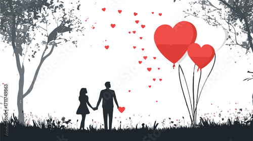 Romantic silhouette of a couple holding hands with heart shaped balloons floating upwards in a park