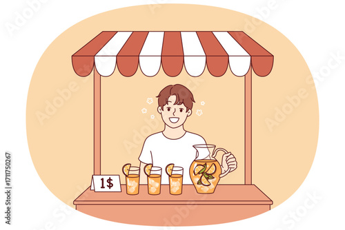 First job for little boy selling lemonade, earning money and dreaming of becoming professional businessman. First job of happy child pouring citrus lemonade into glasses and standing in street stall