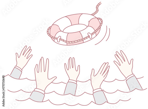An illustration vividly showing hands desperately reaching out for help as a lifebuoy is thrown towards them