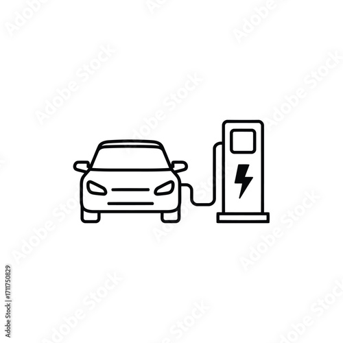 Flat icon of electric car connected to charging station
