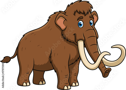 Cute cartoon woolly mammoth, prehistoric animal illustration, Ice Age character, funny elephant with tusks, ancient wildlife drawing, extinct species artwork, nature