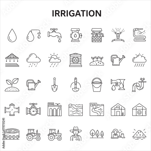 Irrigation vector icons in clean line art style. Featuring water sprinklers, pipes, valves, pumps, crop fields, and more. Editable stroke lines.
