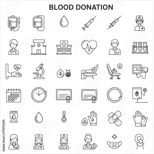 Set of blood donation vector icons in clean line art style. Featuring blood bags, donation tubes, heart with drop, blood tests, medical staff, and more. Editable stroke lines.