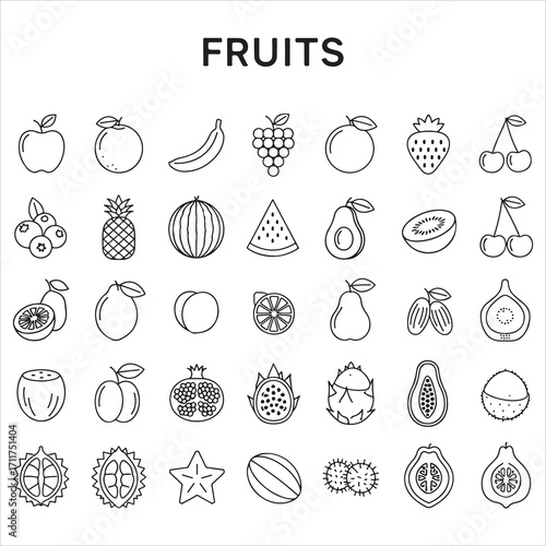 Set of fruits vector icons in clean line art style featuring apples, bananas, grapes, oranges, strawberries, and more. Editable stroke.