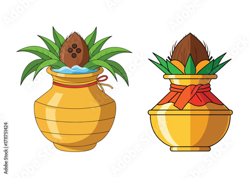 Kalash with coconut and mango leaves, Hindu festival decoration, vector illustration