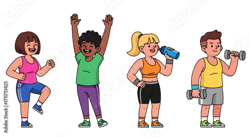 Set of diverse people doing fitness exercises and workout routines for a healthy lifestyle concept.
