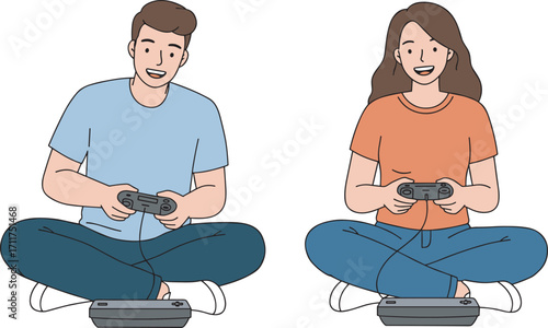 Happy young couple playing video games together, sitting cross-legged with controllers, cartoon vector illustration, gaming fun, digital entertainment