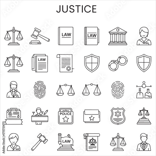 Set of justice vector icons in clean line art style featuring scales, gavels, law books, judges, courthouse buildings, and more. Editable stroke.