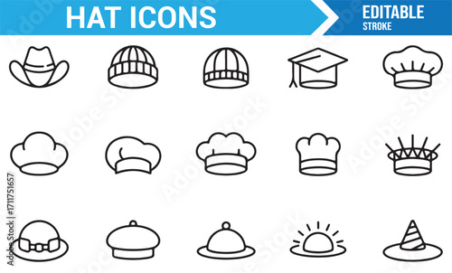 Editable stroke headwear illustrations, cowboy, chef, and cap symbols