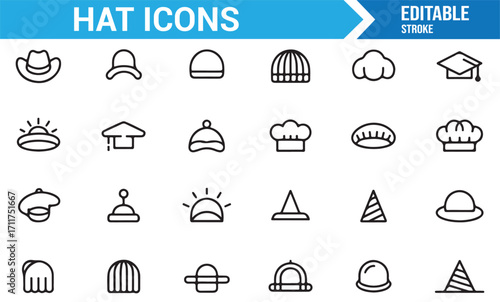 Vector pack of festive, casual, and traditional hat line art icons