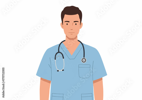 A professional male medic worker in a clean uniform, with a stethoscope, is depicted in a crisp flat 2D vector illustration portrait on a bright white background.