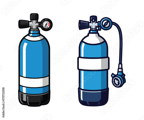 Scuba diving tank with regulator cartoon vector illustration set