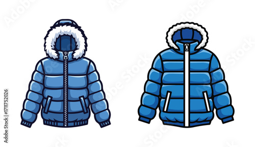 Blue winter puffer jacket vector illustration set