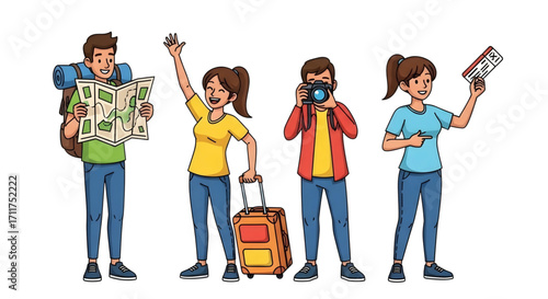 Group of happy young tourists with a map camera and luggage ready for a vacation adventure.
