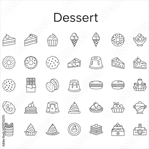 Set of dessert vector icons in clean line art style featuring cakes, cupcakes, ice creams, pastries, chocolates, and more. Editable stroke.