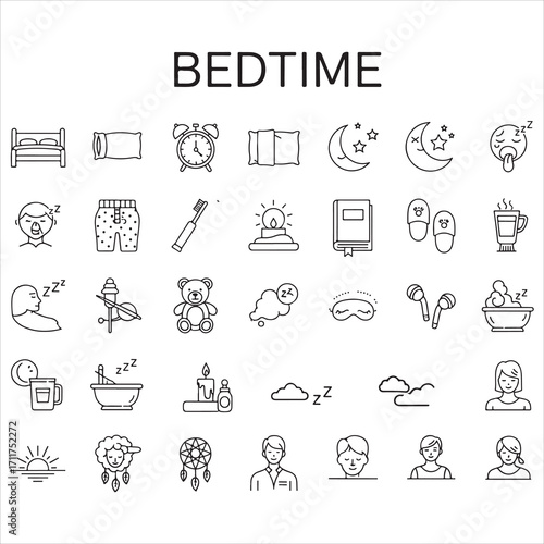 Set of bedtime vector icons in clean line art style featuring beds, pillows, blankets, night lamps, sleep masks, and more. Editable stroke.