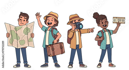 Group of diverse children dressed as tourists with a map camera and suitcase for travel and vacation concepts.
