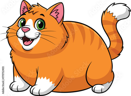 Cute orange cartoon cat sitting, happy expression, big green eyes, white paws, adorable pet character, funny fat kitty, vector animal illustration, children design