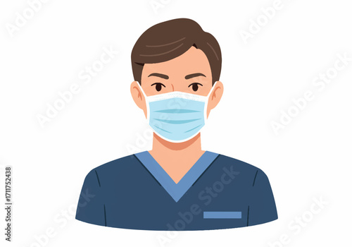 A professional male medic worker wearing a medical mask is shown in a crisp, isolated flat 2D vector illustration portrait on a clean white background, highlighting healthcare and essential services.