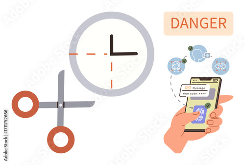 Scissors cutting through a clock, hand with phone and password, Danger text. Ideal for cybersecurity, fraud prevention, deadlines, threats, online security, privacy awareness simple flat metaphor