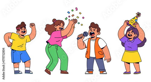 Group of happy children dancing and singing at a party for a fun celebration concept.
