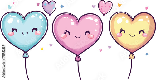 Three adorable kawaii heart shaped balloons with happy faces floating together with confetti and sparkles