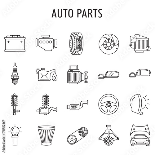 Set of auto parts vector icons in clean line art style featuring engines, tires, brakes, gears, batteries, and more. Editable stroke.