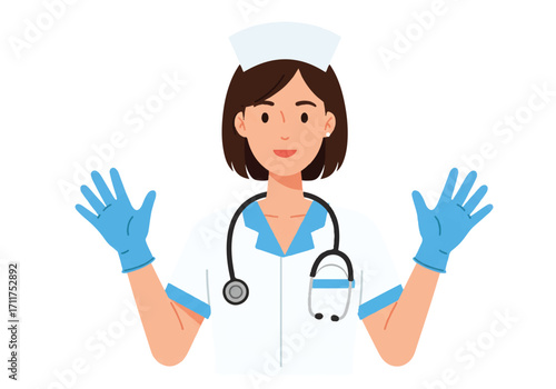 Professional female nurse in a 2D flat vector illustration portrait, wearing a stethoscope and medical gloves, presented on a clean white background, symbolizing dedicated healthcare.