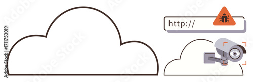 Large cloud outline, smaller cloud holding surveillance camera, browser warning of cyber threat. Ideal for data protection, cybersecurity, internet safety, online privacy, surveillance awareness