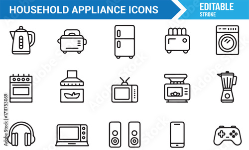 Electric appliance outline icons including kettle, mixer, and microwave