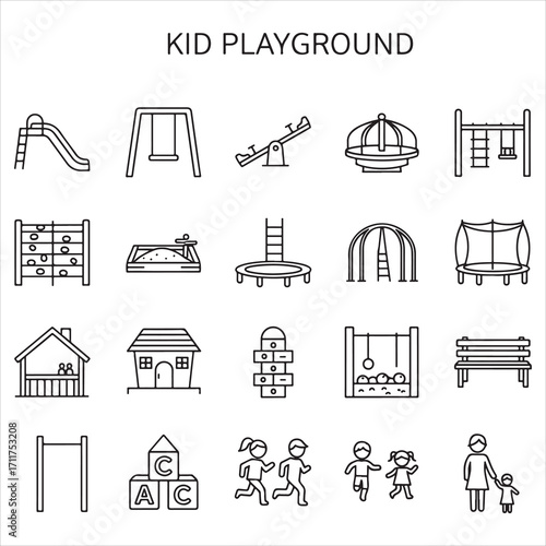 Set of kid playground vector icons in clean line art style featuring swings, slides, seesaws, sandbox, merry-go-rounds, and more. Editable stroke.
