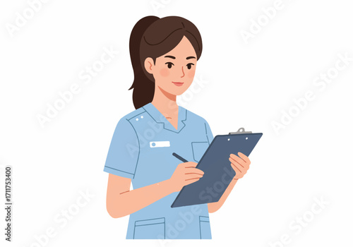 A friendly female medic worker, depicted in a 2D flat vector illustration portrait, stands professionally in uniform while holding a clipboard on a clean white background.