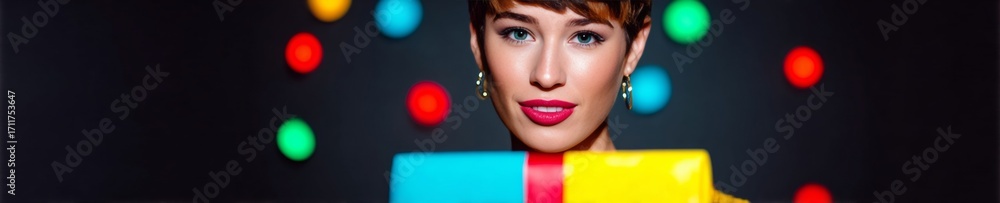 Fototapeta premium Enigmatic young woman with fair skin peers over vibrant blocks, conjuring retro holiday vibes of Dia de Campo celebrations