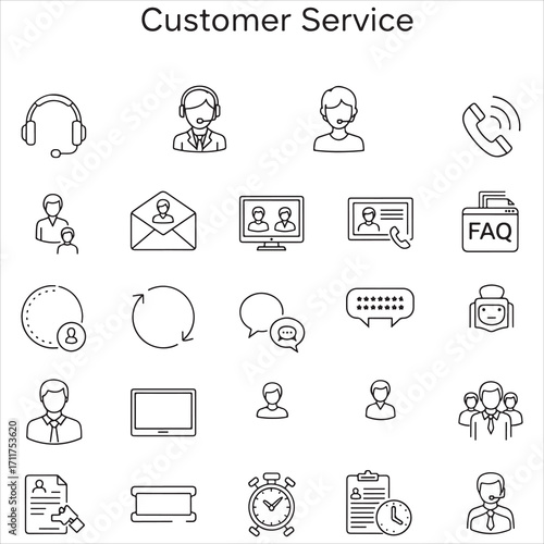 Set of customer service vector icons in clean line art style featuring headsets, chat bubbles, phones, support agents, feedback forms, and more. Editable stroke.