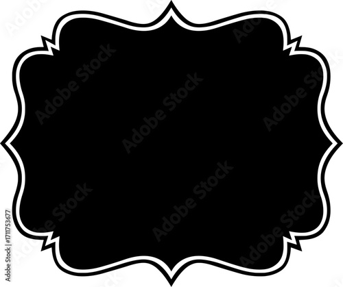 Black ornate frame silhouette with white outline used as vintage border or label design.