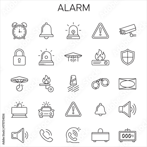 Set of alarm vector icons in clean line art style featuring bells, sirens, clocks, warning symbols, notifications, and more. Editable stroke.