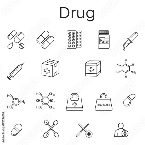 Set of drug vector icons in clean line art style featuring pills, capsules, syringes, medicine bottles, prescriptions, medical tests, and more. Editable stroke.
