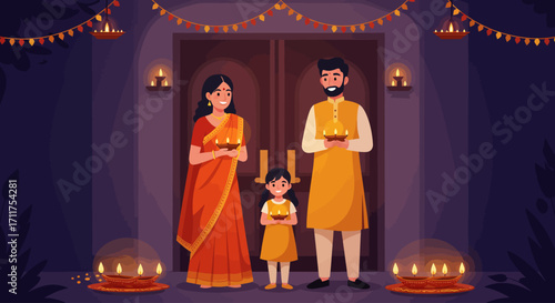 This flat design illustration depicts a joyful Indian family celebrating Diwali, holding traditional diyas that cast a warm glow. It captures the essence of togetherness and the festival of lights.