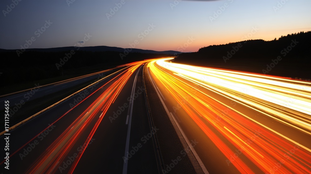 Obraz premium Empty highway with vibrant light trails under a warm dusk sky, capturing the essence of motion and solitude.