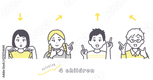 色々な方向を指差す子どもたちのイラスト素材