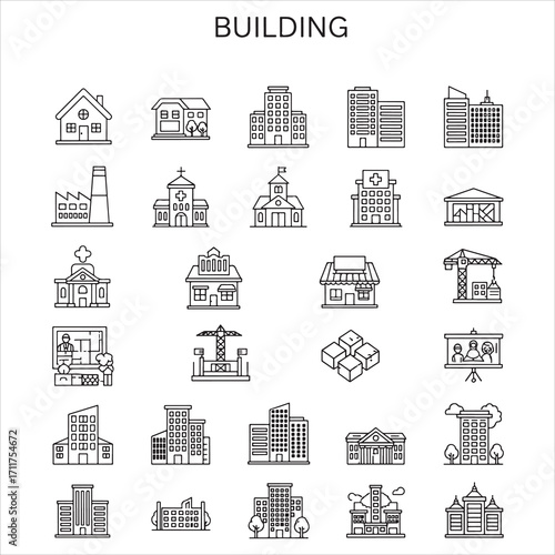 Set of building vector icons in clean line art style featuring skyscrapers, houses, offices, construction sites, and more. Editable stroke.