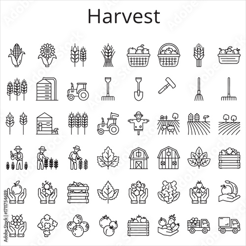 Set of harvest vector icons in clean line art style featuring crops, wheat, baskets, tractors, fruits, and more. Editable stroke.