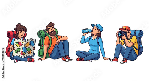 Group of hikers with backpacks resting during an outdoor adventure for travel and camping concepts.
