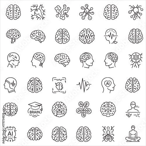 Set of Brain and Neuroscience Line Icons – AI, Mental Health, Psychology, and Mindfulness Symbols in Minimal Outline Style