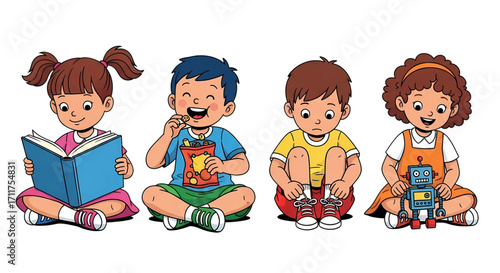 Group of diverse cartoon children sitting on the floor reading eating and playing with toys for kindergarten concepts.
