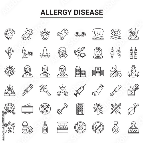 Set of allergy disease vector icons in clean line art style featuring pollen, dust, sneezing faces, medicines, nasal sprays, and more. Editable stroke.